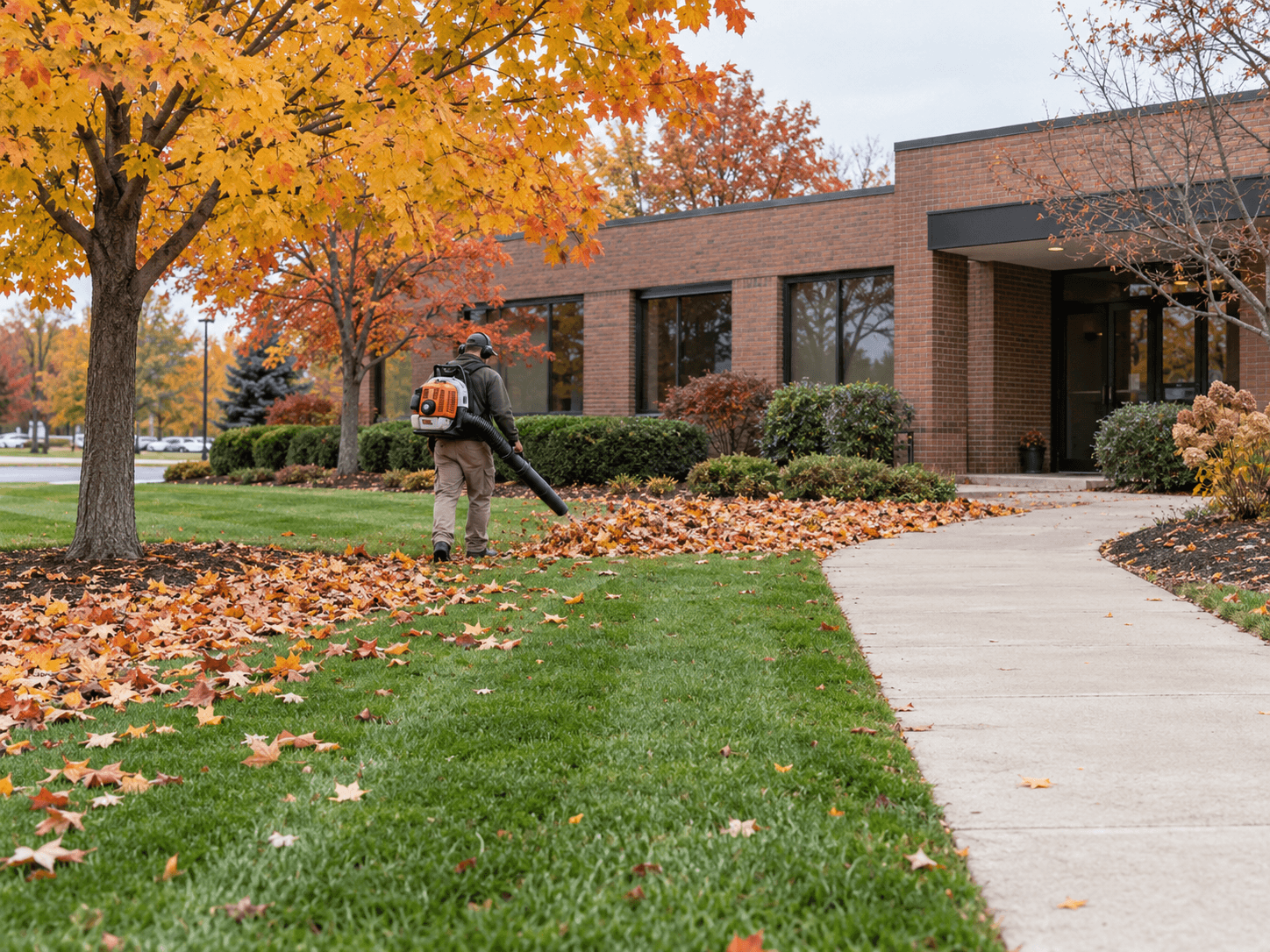 Illustrative scene of a grounds worker clearing autumn leaves beside a commercial building