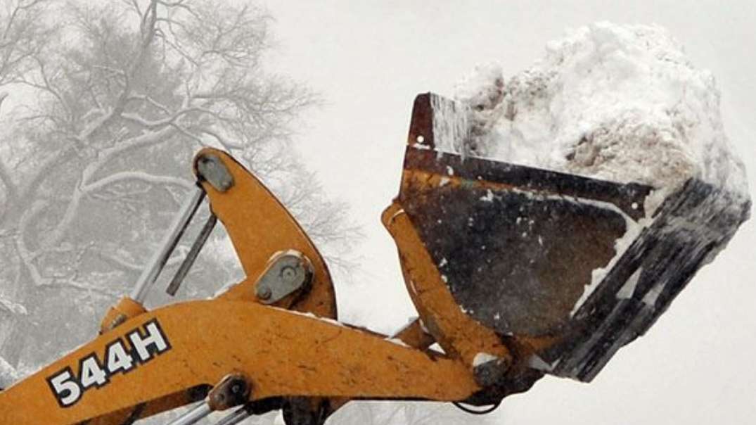 A yellow loader lifting a bucket of snow beneath snow-covered trees